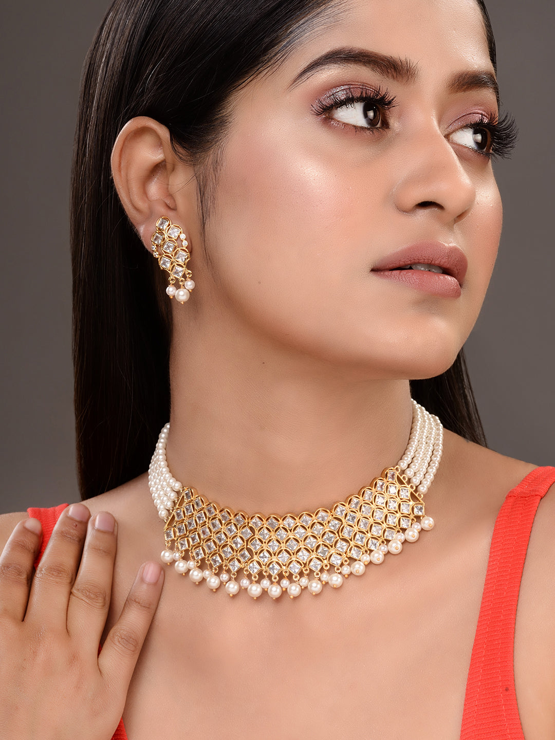 Gold Plated Uncut AD studded Pearl Drops Choker Jewellery Set, zaveri pearls, sale price rs, sale price, sale gold plated, sale gold, sale, rubans, ring, regular price, priyassi jewellery, ku